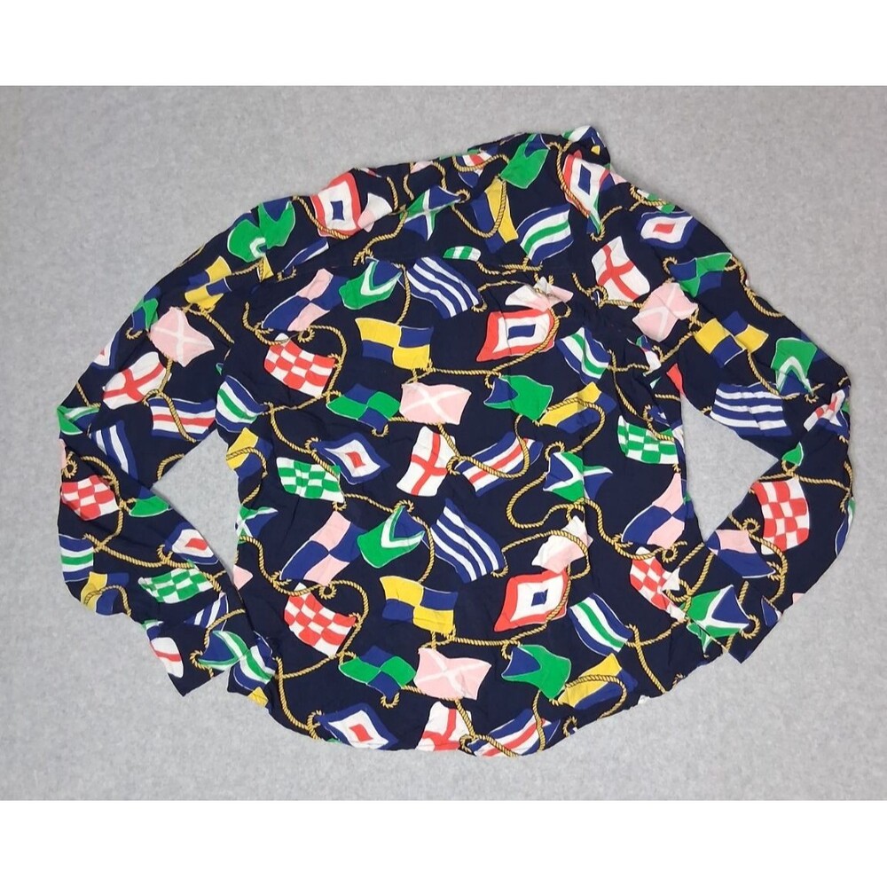 Crown & Ivy Nautical Flag Long Sleeve Blouse Size L Multicolor Coastal Tie Neck - Picture 10 of 10
